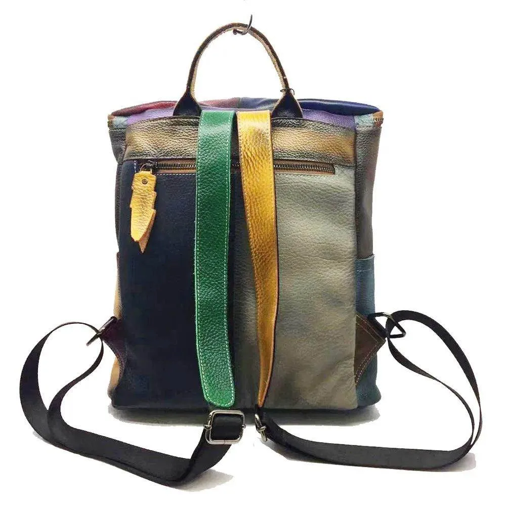 Vintage Women Genuine Leather Backpack Patchwork Double