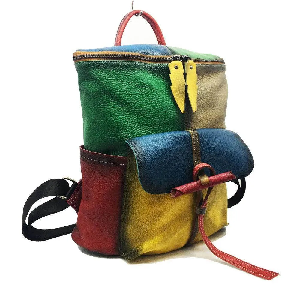 Vintage Women Genuine Leather Backpack Patchwork Double