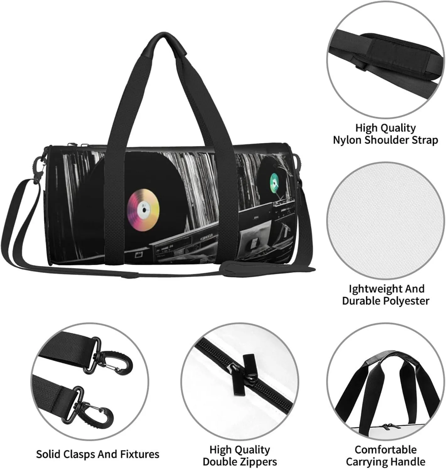 Vinyl Records Travel Duffle Bag for Men Women Sport Gym Bag Foldable Weekender Bag Carry on Overnight Bag for Travel Swimming Basketball