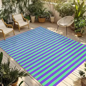 Violet Color Outdoor Rug 4x6ft Large Patio Rug,Washable RV Camping Outside Area Runner Rug Mat,Geometric Green Vertical Striped Modern Carpet for Picnic Backyard Deck Porch Balcony Beach & Indoor