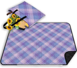 Violet,Outdoor Packable Picnic Blanket with Zipper Folds into Tote Bag with Large Storage and Shoulder Strap,Stripes Tartan Plaid Horizontal Vertical Composition, Waterproof for Beach Camping,Blue (M)