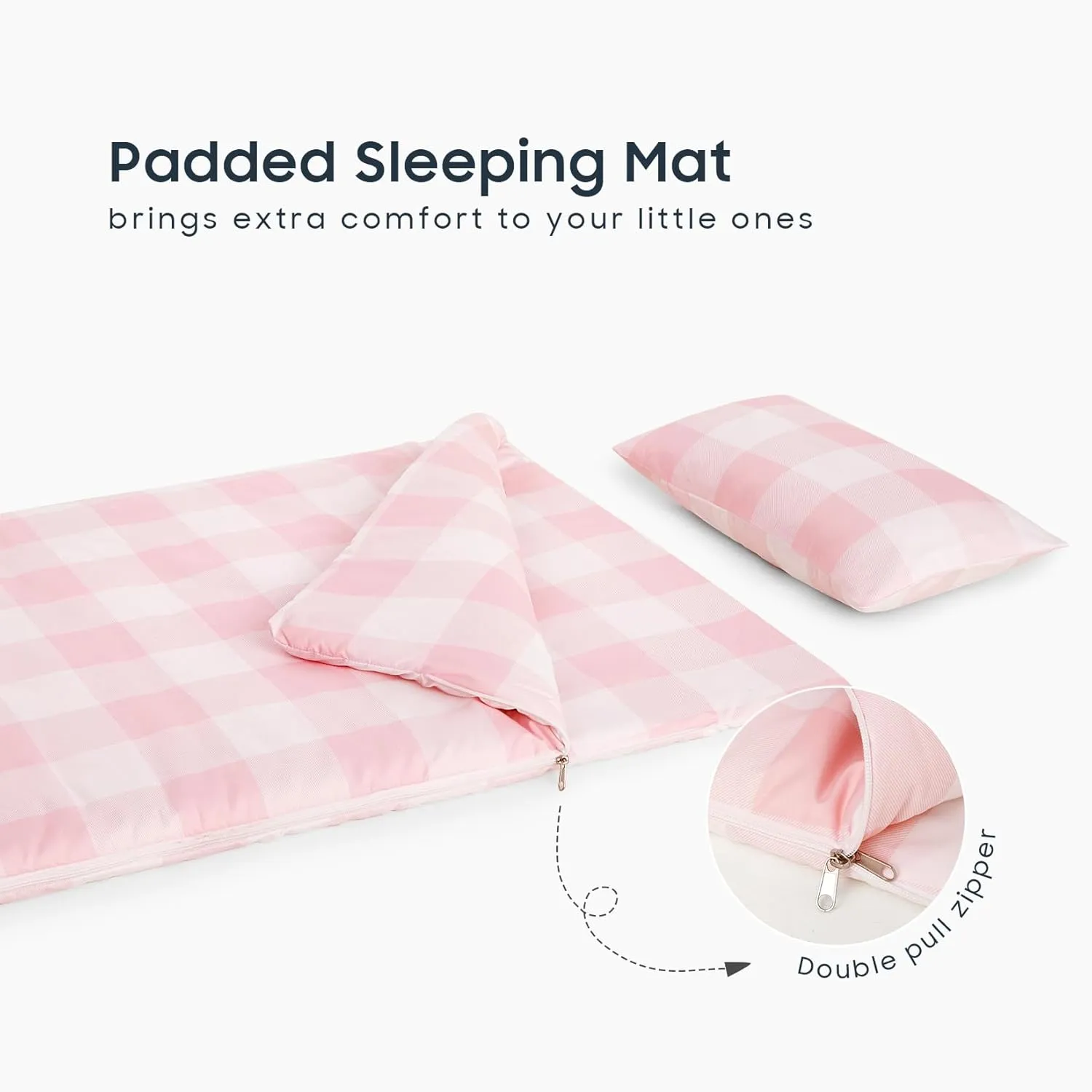 Wake In Cloud - Sleeping Bag for Kids Toddlers, Portable Compact Lightweight Backpacking Nap Mat with Pillow and Blanket, for Girls, Buffalo Check Plaid in Pink White, 55" x 30"