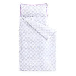 Wake In Cloud - Toddler Nap Mat with Pillow and Blanket, for Kids Boys Girls in Kindergarten Daycare Preschool Pre K, Roll Up Sleeping Bag, Gingham Plaid Grid Checkered, Lilac White, Standard