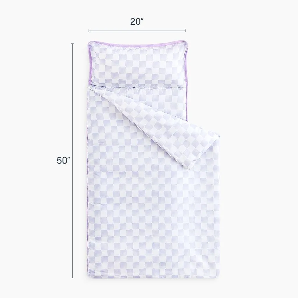 Wake In Cloud - Toddler Nap Mat with Pillow and Blanket, for Kids Boys Girls in Kindergarten Daycare Preschool Pre K, Roll Up Sleeping Bag, Gingham Plaid Grid Checkered, Lilac White, Standard