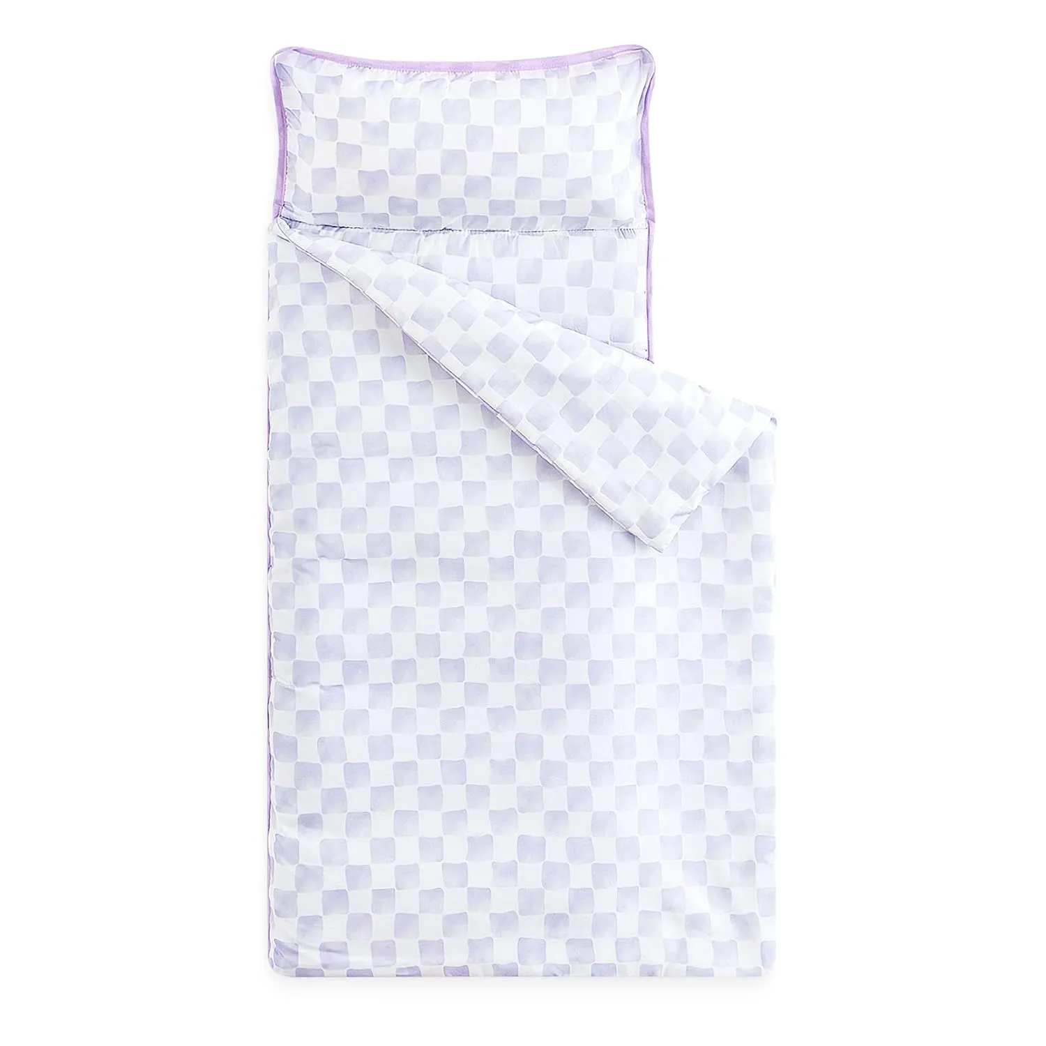 Wake In Cloud - Toddler Nap Mat with Pillow and Blanket, for Kids Boys Girls in Kindergarten Daycare Preschool Pre K, Roll Up Sleeping Bag, Gingham Plaid Grid Checkered, Lilac White, Standard