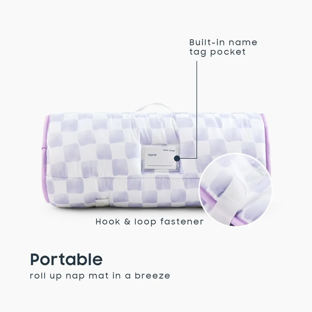 Wake In Cloud - Toddler Nap Mat with Pillow and Blanket, for Kids Boys Girls in Kindergarten Daycare Preschool Pre K, Roll Up Sleeping Bag, Gingham Plaid Grid Checkered, Lilac White, Standard