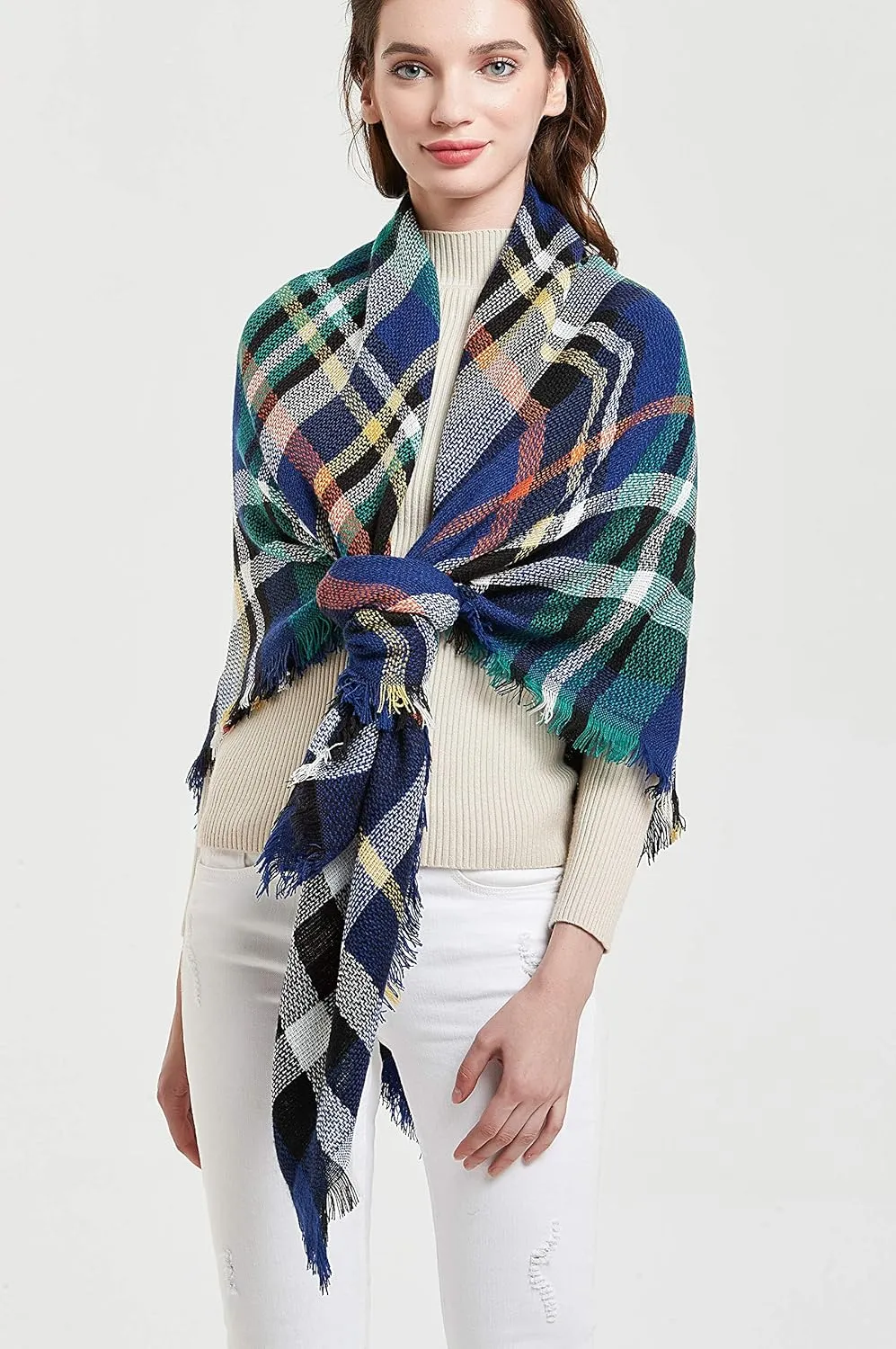 Wander Agio Womens Warm Blanket Scarf Square Winter Shawls Large Infinity Scarves Stripe Plaid Scarf