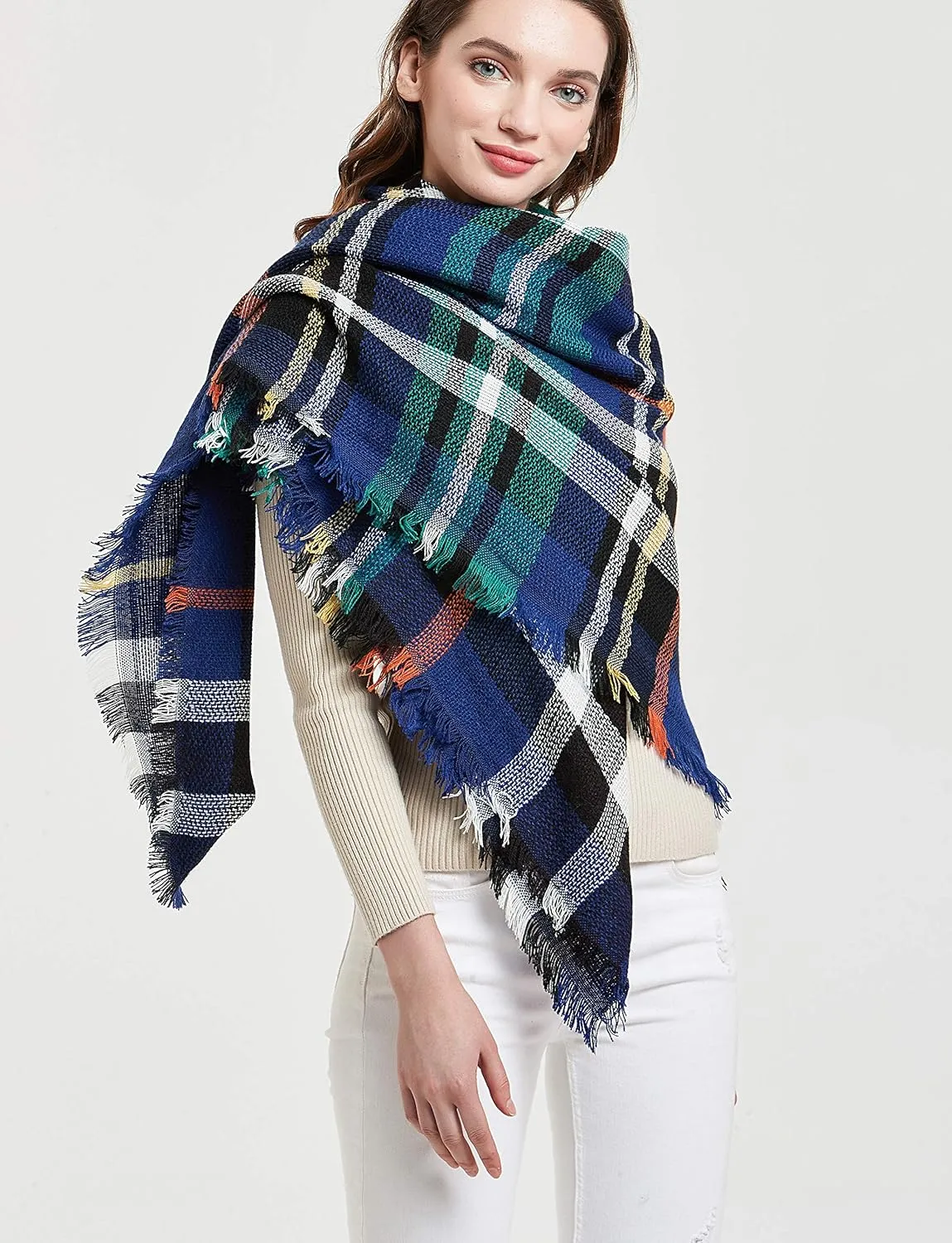 Wander Agio Womens Warm Blanket Scarf Square Winter Shawls Large Infinity Scarves Stripe Plaid Scarf