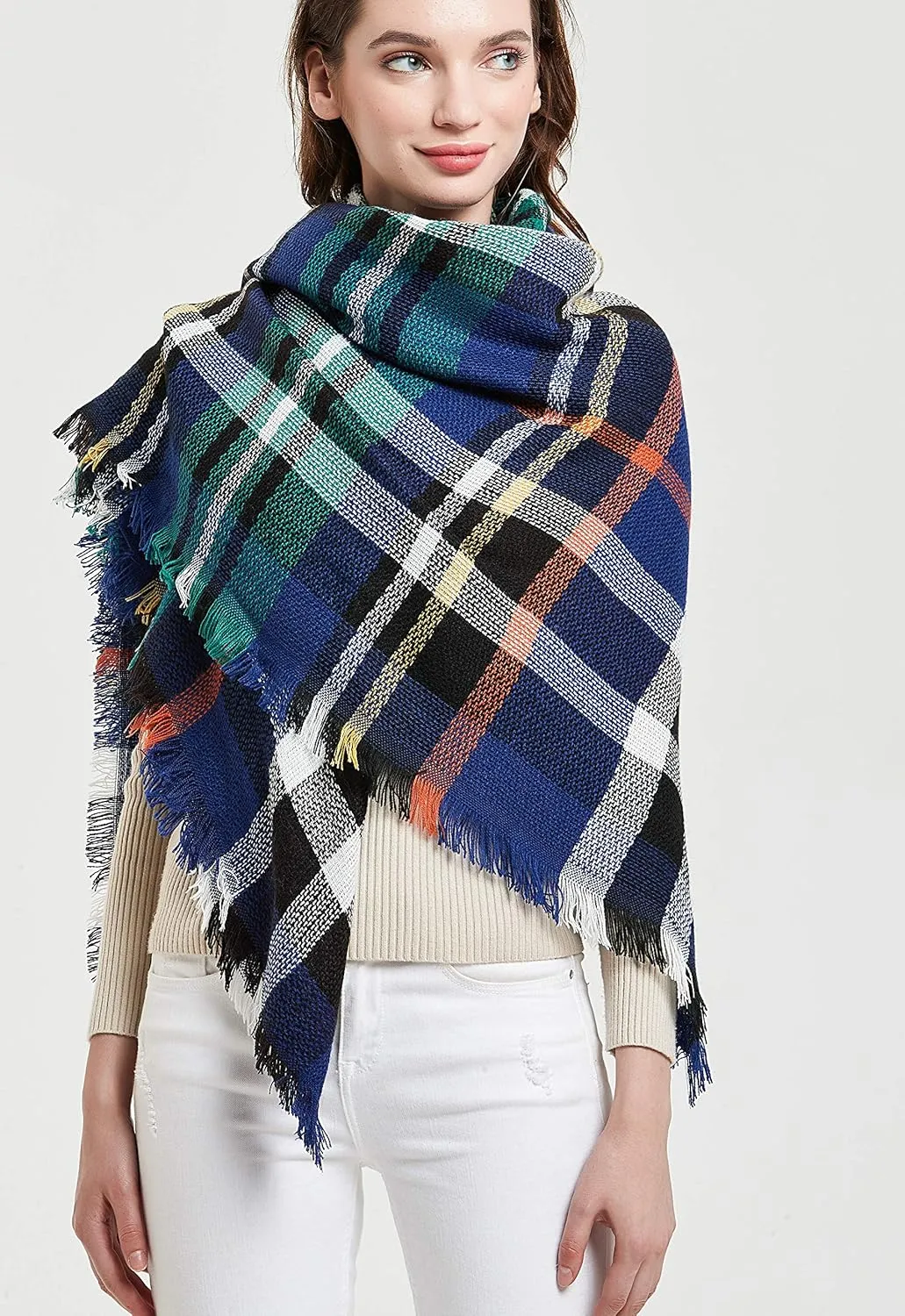 Wander Agio Womens Warm Blanket Scarf Square Winter Shawls Large Infinity Scarves Stripe Plaid Scarf