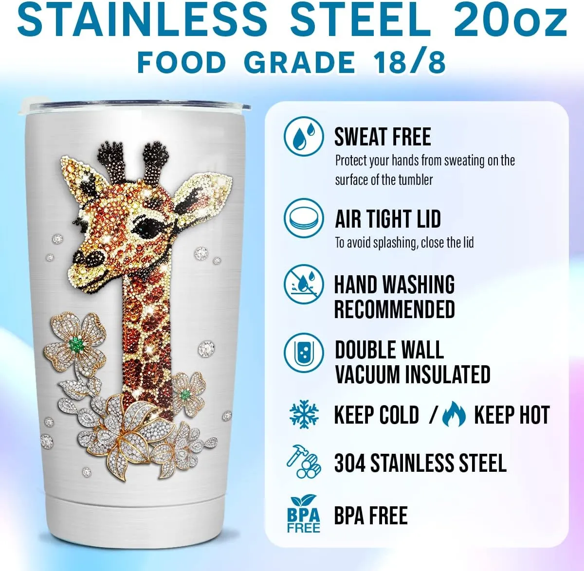 Wassmin Giraffe Tumbler Giraffe Gift For Women Girls Teen Jewelry Drawing Style Stainless Steel Insulated Tumblers Coffee Travel Mug Cup 20oz With Lid Birthday Christmas Presents