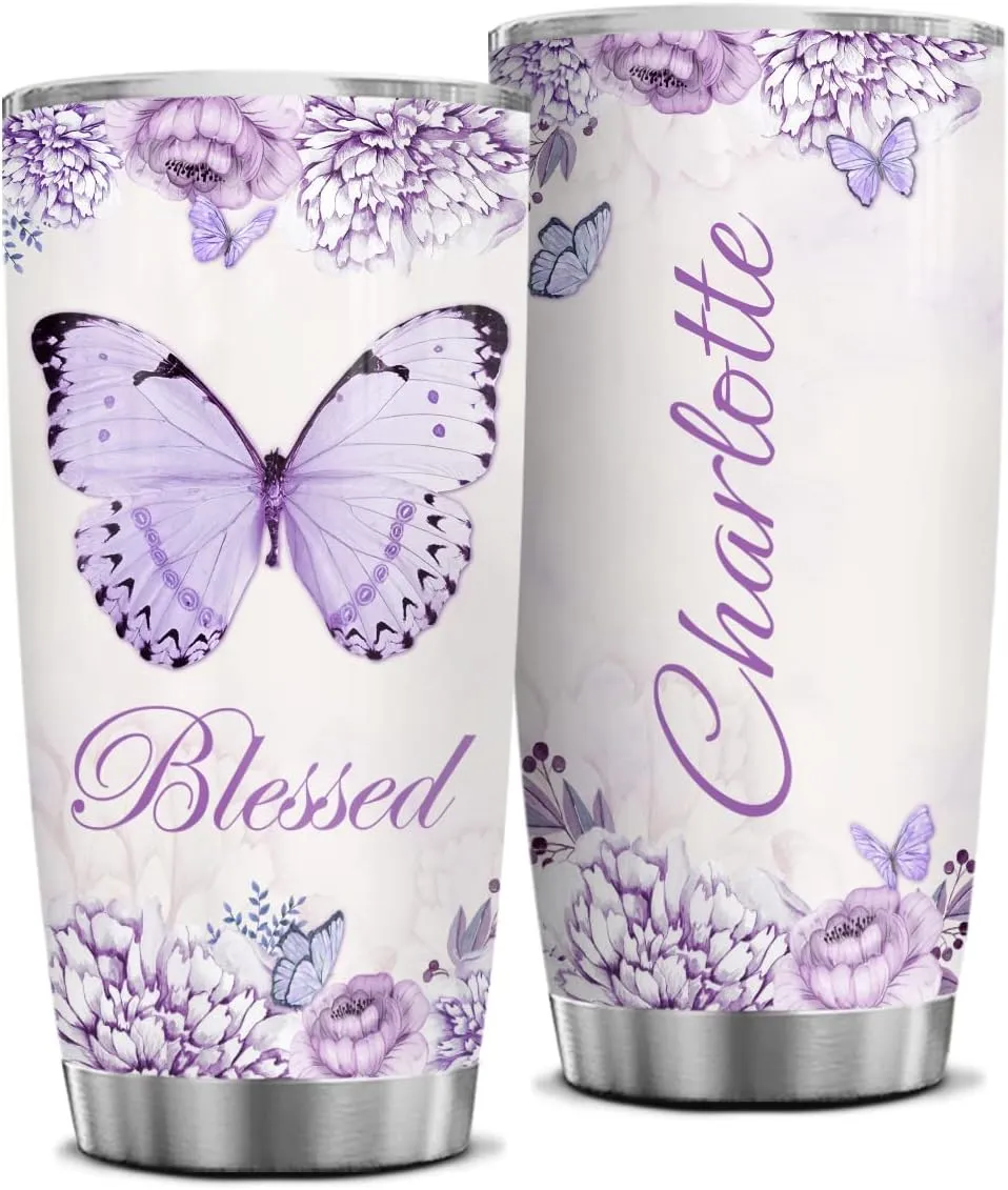 Wassmin Personalized Christian Tumbler Christian Gifts For Women Girls Butterfly Blessed Mug Stainless Steel Coffee Travel Cup Mugs Inspirational Tumblers 20oz 30oz Birthday Religious Gifts