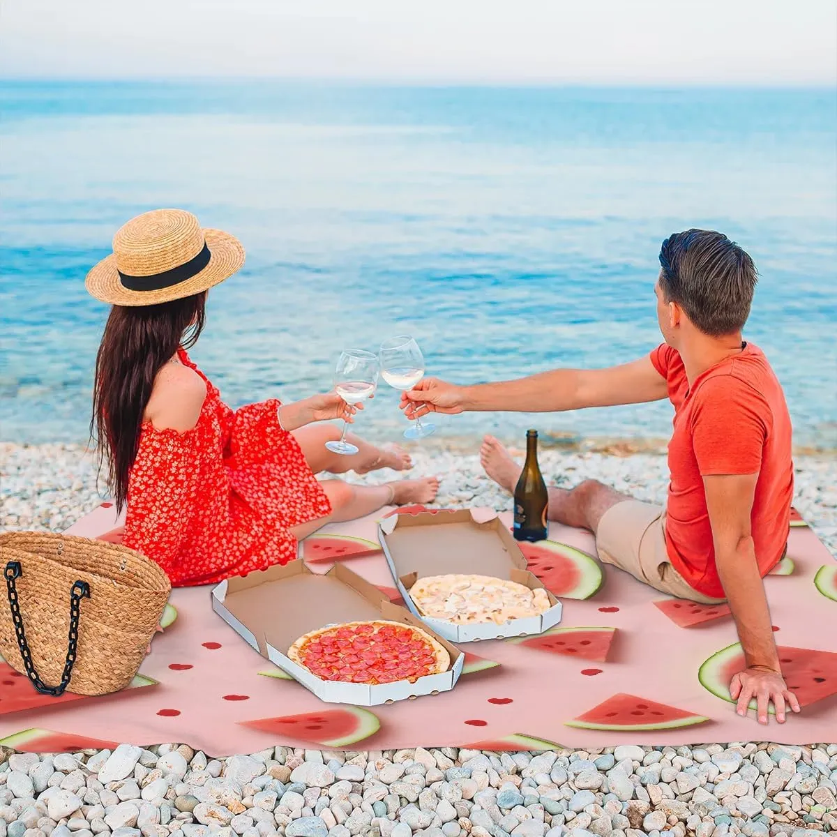 Watermelon Summer Beach Blanket, Sandproof Beach Mat, 68 x 59 Waterproof Quick Drying Sand Free Mat with 4 x Ground Spikes for Outdoor Travel Camping Hiking, Watermelon