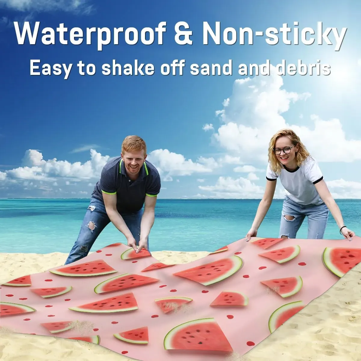 Watermelon Summer Beach Blanket, Sandproof Beach Mat, 68 x 59 Waterproof Quick Drying Sand Free Mat with 4 x Ground Spikes for Outdoor Travel Camping Hiking, Watermelon