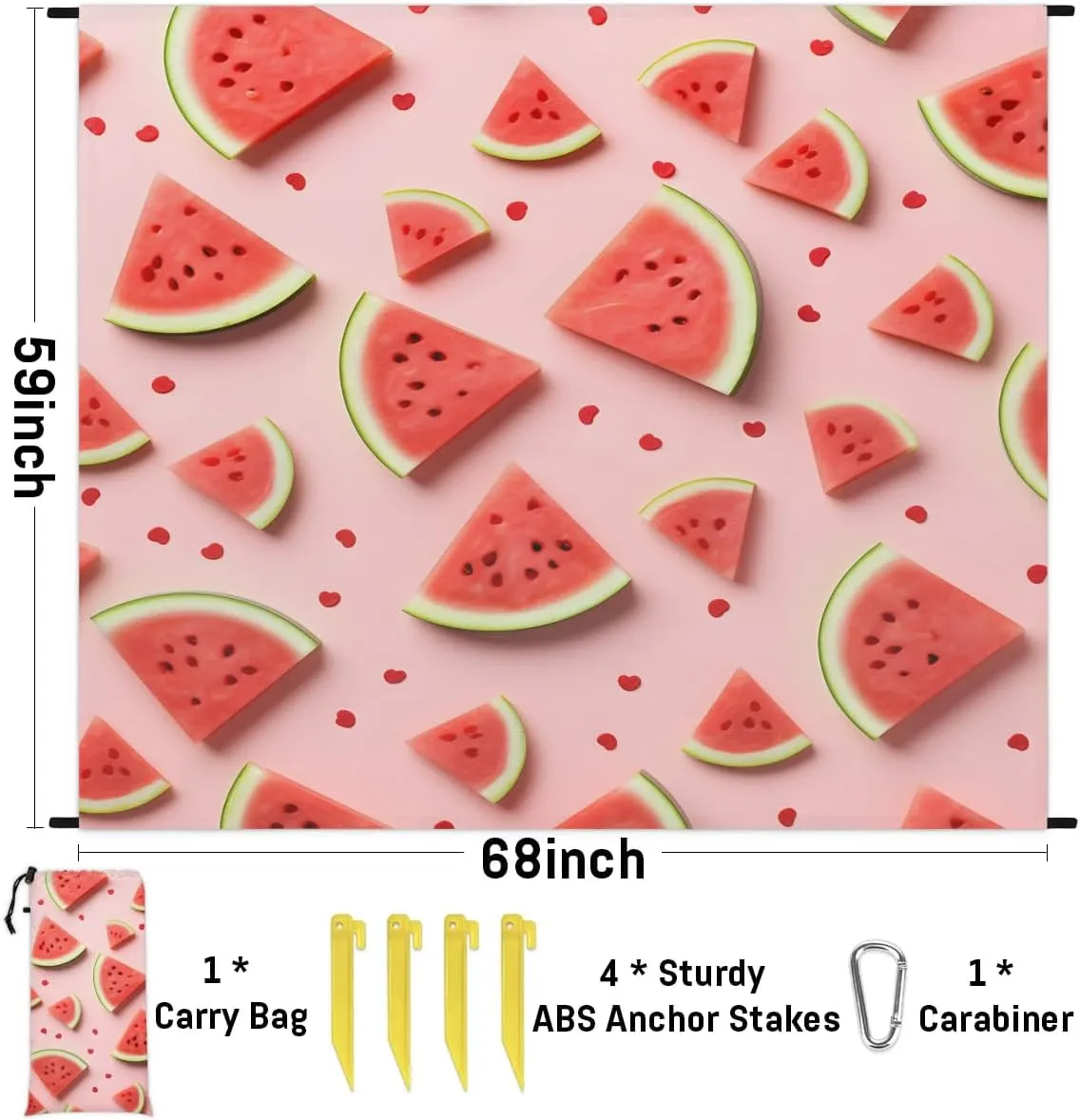 Watermelon Summer Beach Blanket, Sandproof Beach Mat, 68 x 59 Waterproof Quick Drying Sand Free Mat with 4 x Ground Spikes for Outdoor Travel Camping Hiking, Watermelon