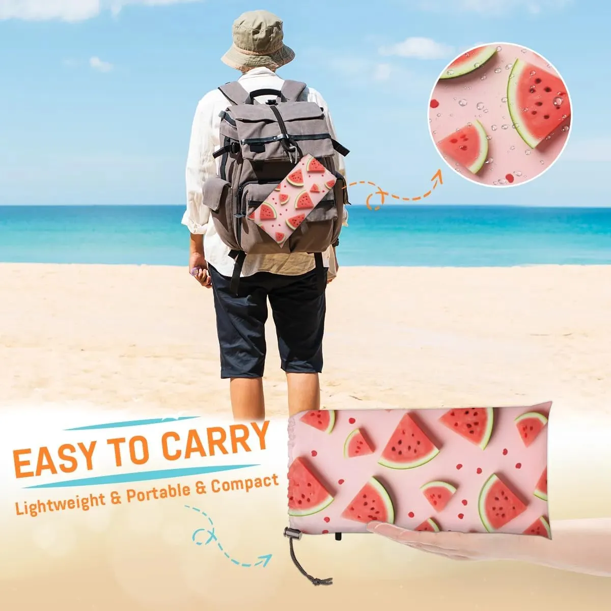 Watermelon Summer Beach Blanket, Sandproof Beach Mat, 68 x 59 Waterproof Quick Drying Sand Free Mat with 4 x Ground Spikes for Outdoor Travel Camping Hiking, Watermelon