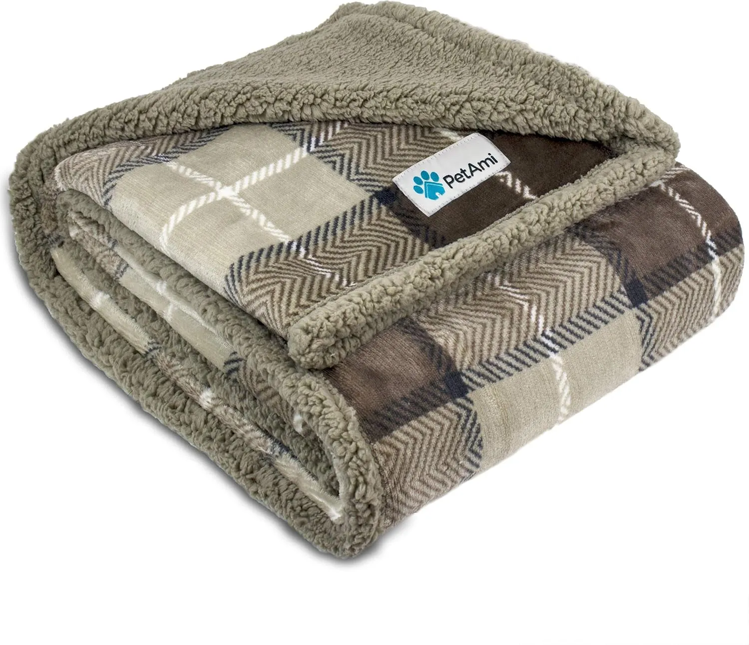 WATERPROOF Dog Blanket for Bed, XL Dog Pet Blanket Couch Cover Protection, Sherpa Fleece Leakproof Bed Blanket for Crate Kennel Sofa Furniture Protector, Reversible Soft Plush 80X60 Plaid Taupe