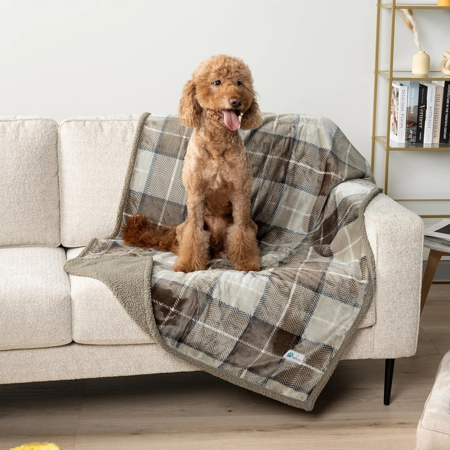 WATERPROOF Dog Blanket for Bed, XL Dog Pet Blanket Couch Cover Protection, Sherpa Fleece Leakproof Bed Blanket for Crate Kennel Sofa Furniture Protector, Reversible Soft Plush 80X60 Plaid Taupe