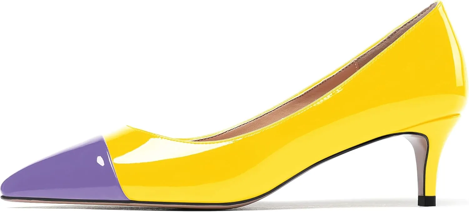 WAYDERNS Women's Patchwork Patent Leather Pointed Toe Slip On Kitten Low Heel Pumps Office Work Dress Shoes 2 Inch
