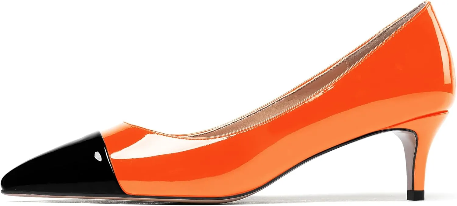 WAYDERNS Women's Patchwork Patent Leather Pointed Toe Slip On Kitten Low Heel Pumps Office Work Dress Shoes 2 Inch