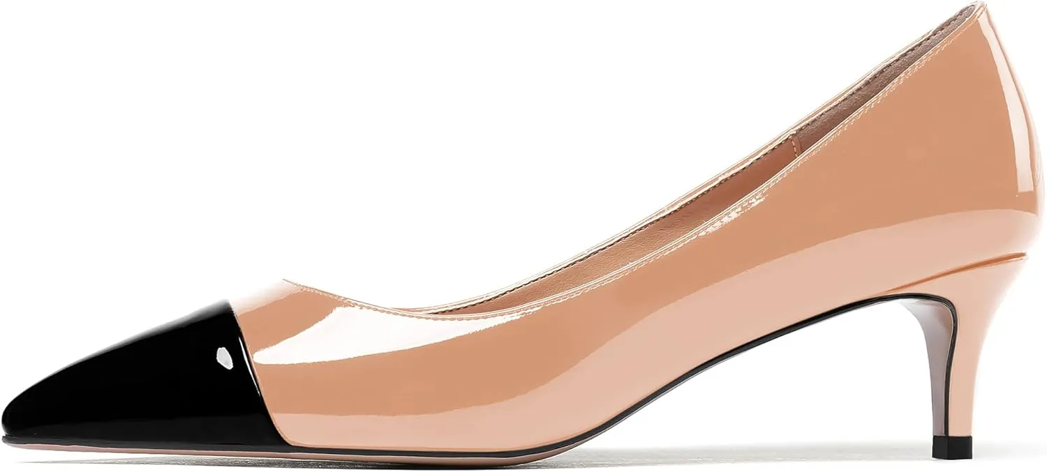 WAYDERNS Women's Patchwork Patent Leather Pointed Toe Slip On Kitten Low Heel Pumps Office Work Dress Shoes 2 Inch