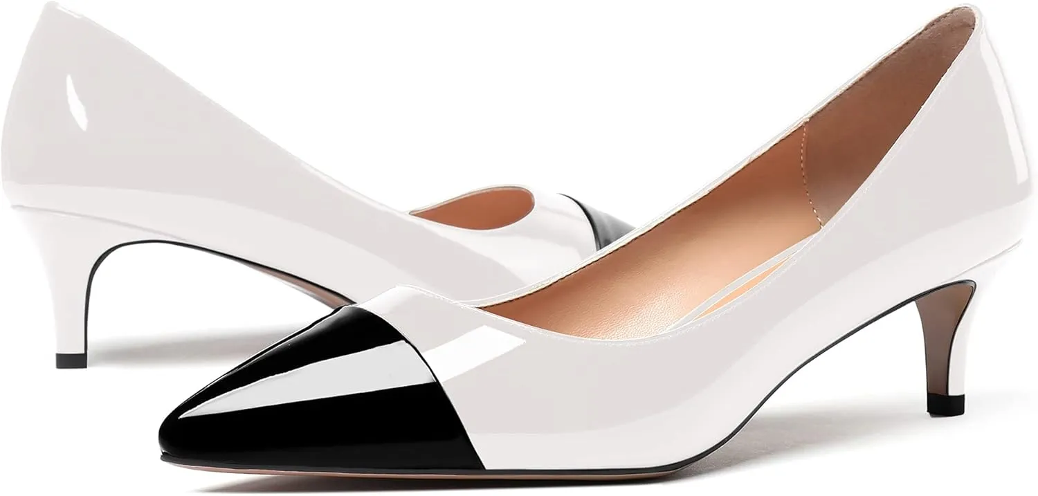 WAYDERNS Women's Patchwork Patent Leather Pointed Toe Slip On Kitten Low Heel Pumps Office Work Dress Shoes 2 Inch