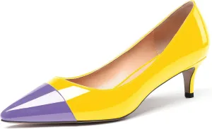 WAYDERNS Women's Patchwork Patent Leather Pointed Toe Slip On Kitten Low Heel Pumps Office Work Dress Shoes 2 Inch