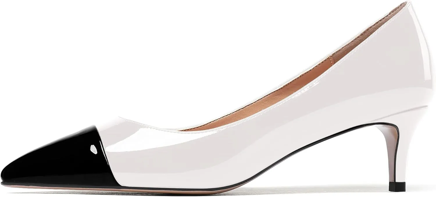 WAYDERNS Women's Patchwork Patent Leather Pointed Toe Slip On Kitten Low Heel Pumps Office Work Dress Shoes 2 Inch