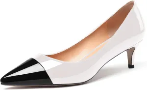WAYDERNS Women's Patchwork Patent Leather Pointed Toe Slip On Kitten Low Heel Pumps Office Work Dress Shoes 2 Inch