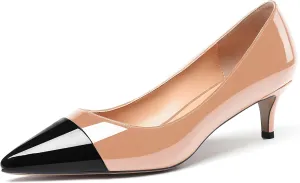WAYDERNS Women's Patchwork Patent Leather Pointed Toe Slip On Kitten Low Heel Pumps Office Work Dress Shoes 2 Inch