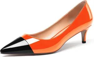 WAYDERNS Women's Patchwork Patent Leather Pointed Toe Slip On Kitten Low Heel Pumps Office Work Dress Shoes 2 Inch
