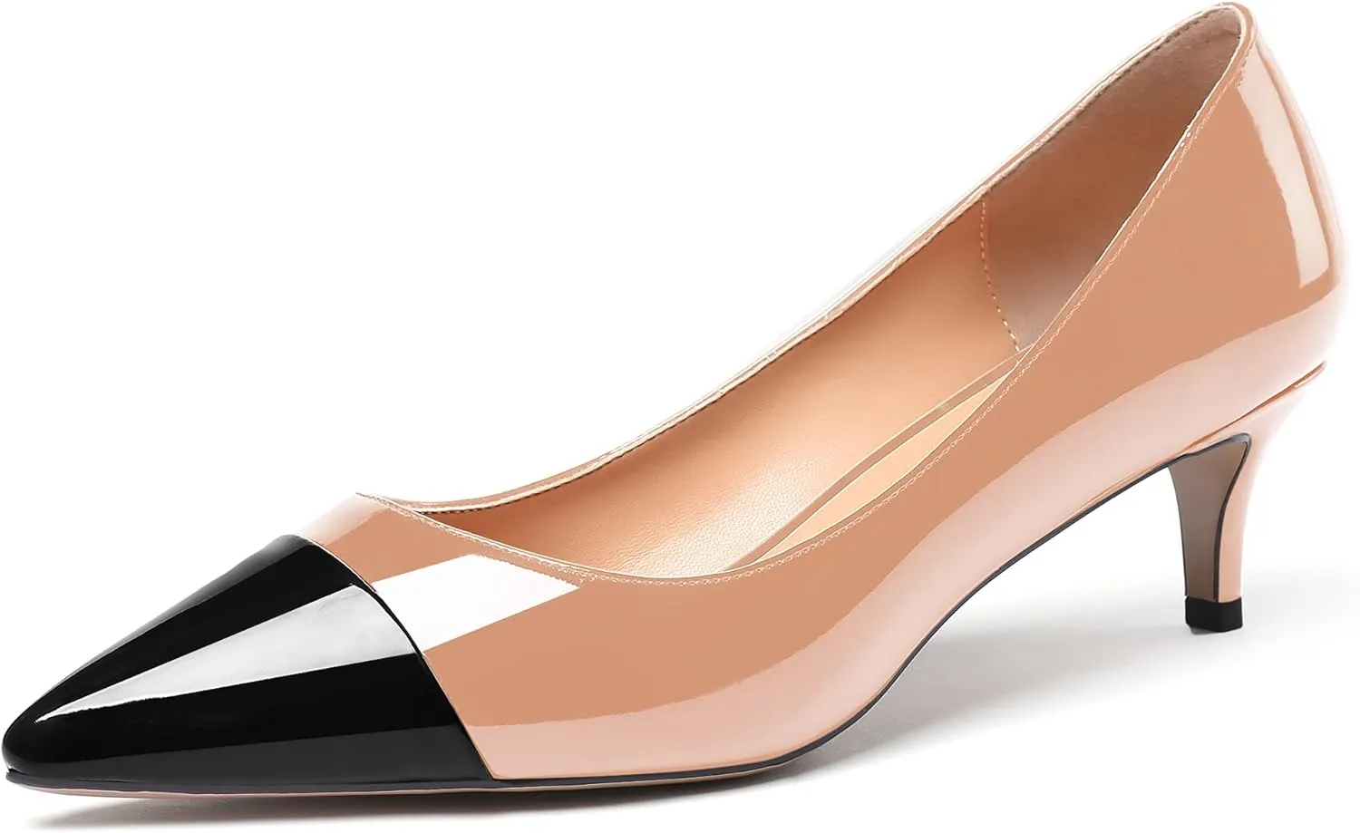 WAYDERNS Women's Patchwork Patent Leather Pointed Toe Slip On Kitten Low Heel Pumps Office Work Dress Shoes 2 Inch