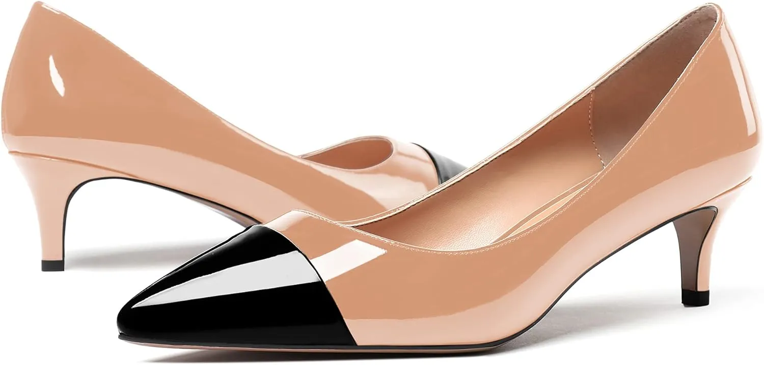 WAYDERNS Women's Patchwork Patent Leather Pointed Toe Slip On Kitten Low Heel Pumps Office Work Dress Shoes 2 Inch