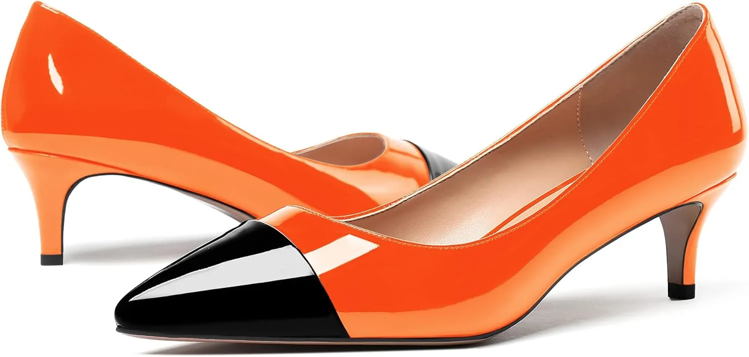 WAYDERNS Women's Patchwork Patent Leather Pointed Toe Slip On Kitten Low Heel Pumps Office Work Dress Shoes 2 Inch