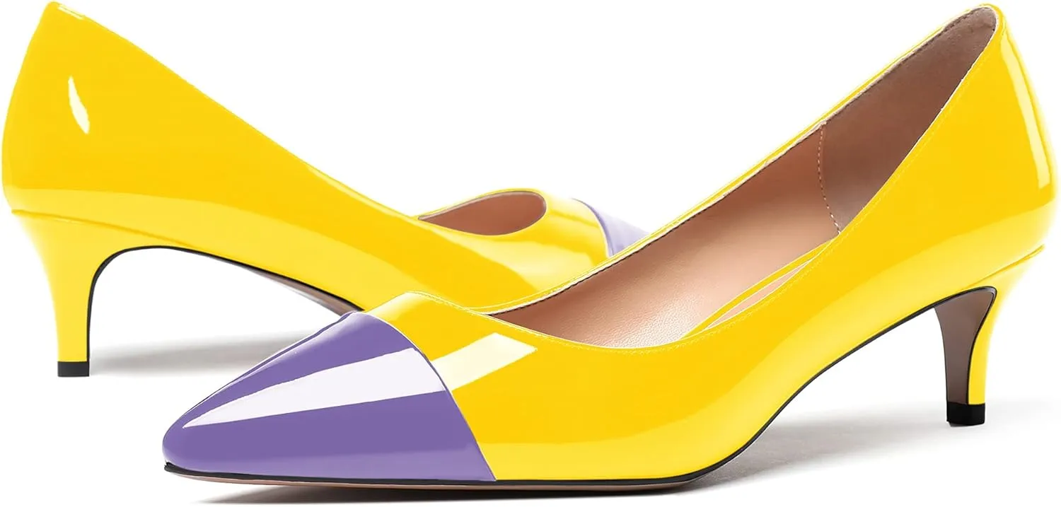 WAYDERNS Women's Patchwork Patent Leather Pointed Toe Slip On Kitten Low Heel Pumps Office Work Dress Shoes 2 Inch
