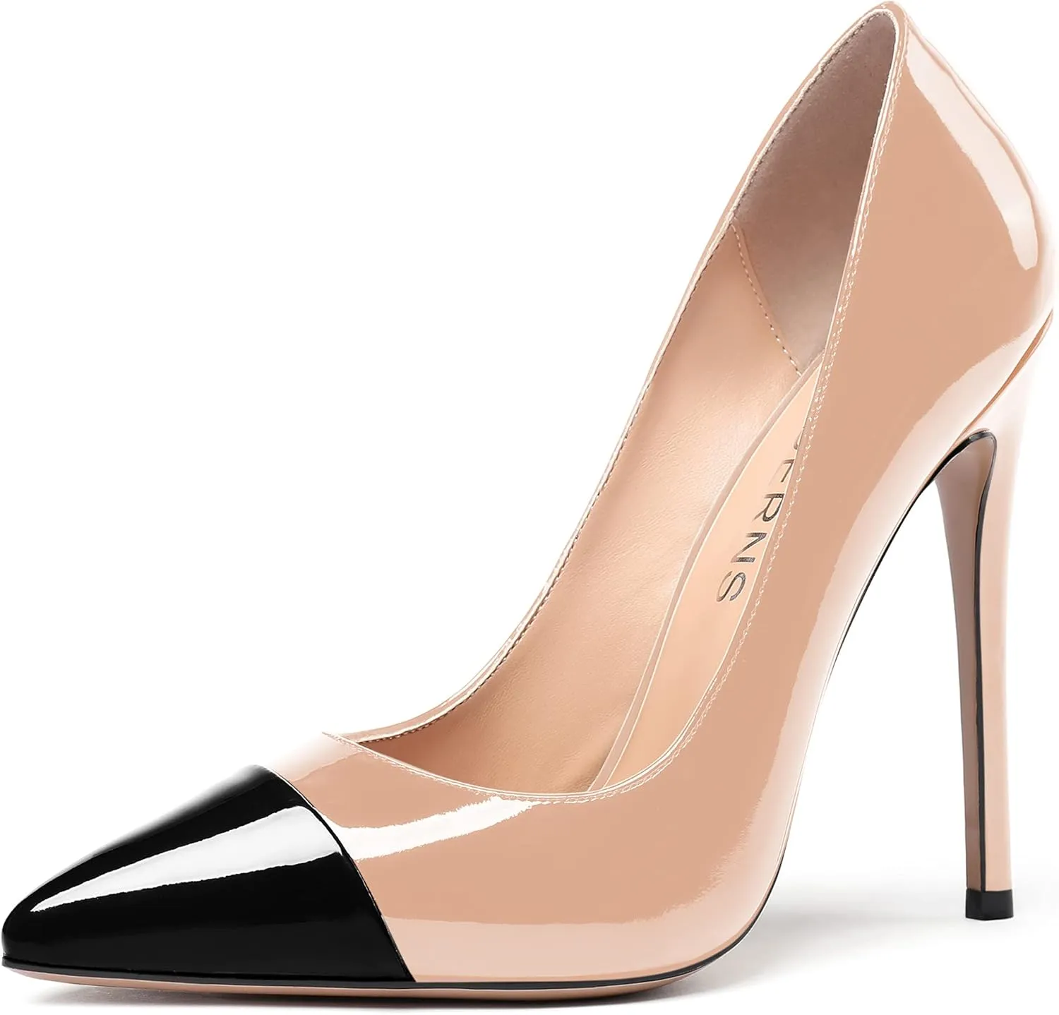 WAYDERNS Women's Patchwork Pointed Toe Solid Patent Slip On Stiletto High Heel Pumps Shoes 4.7 Inch