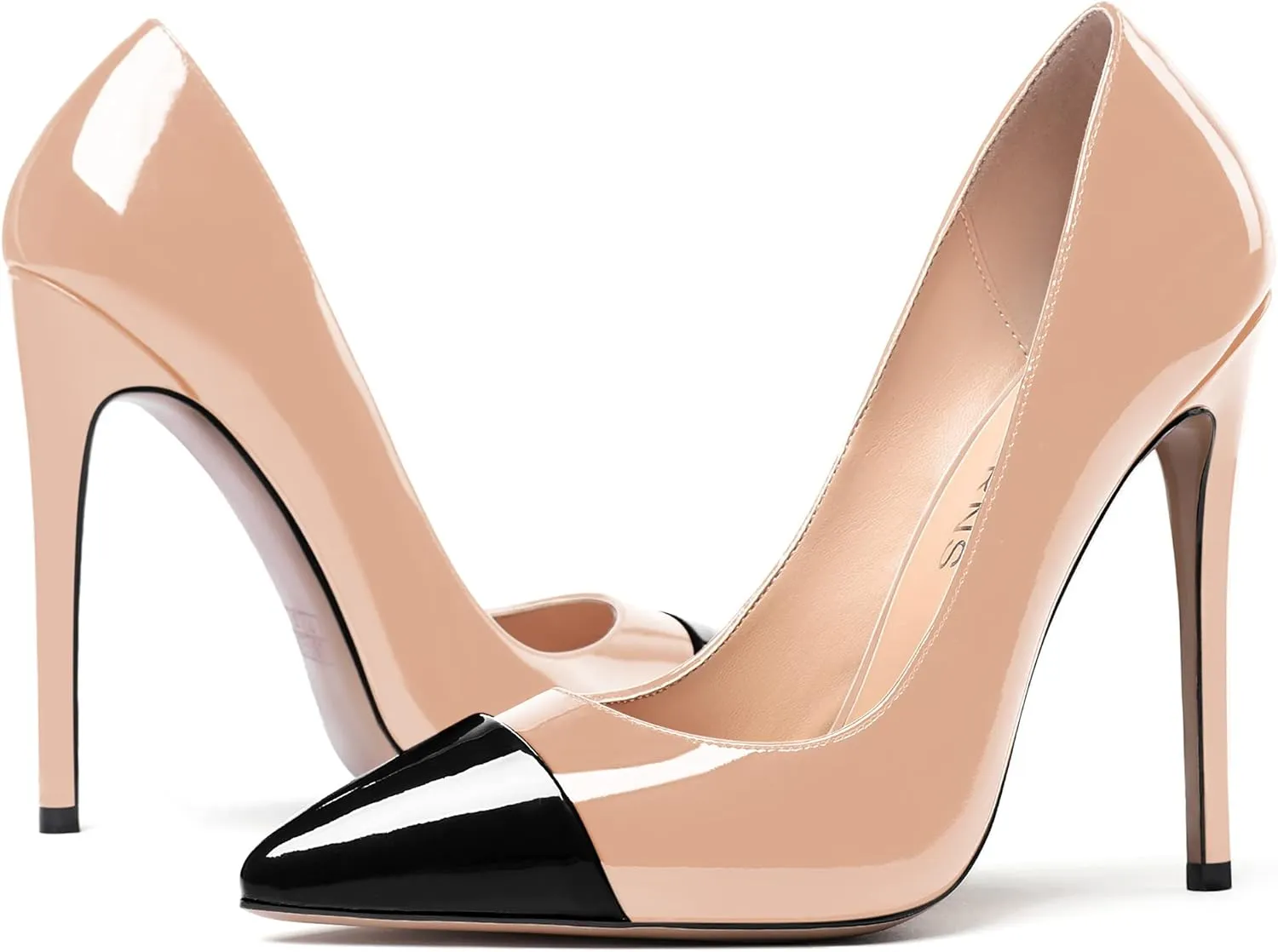 WAYDERNS Women's Patchwork Pointed Toe Solid Patent Slip On Stiletto High Heel Pumps Shoes 4.7 Inch