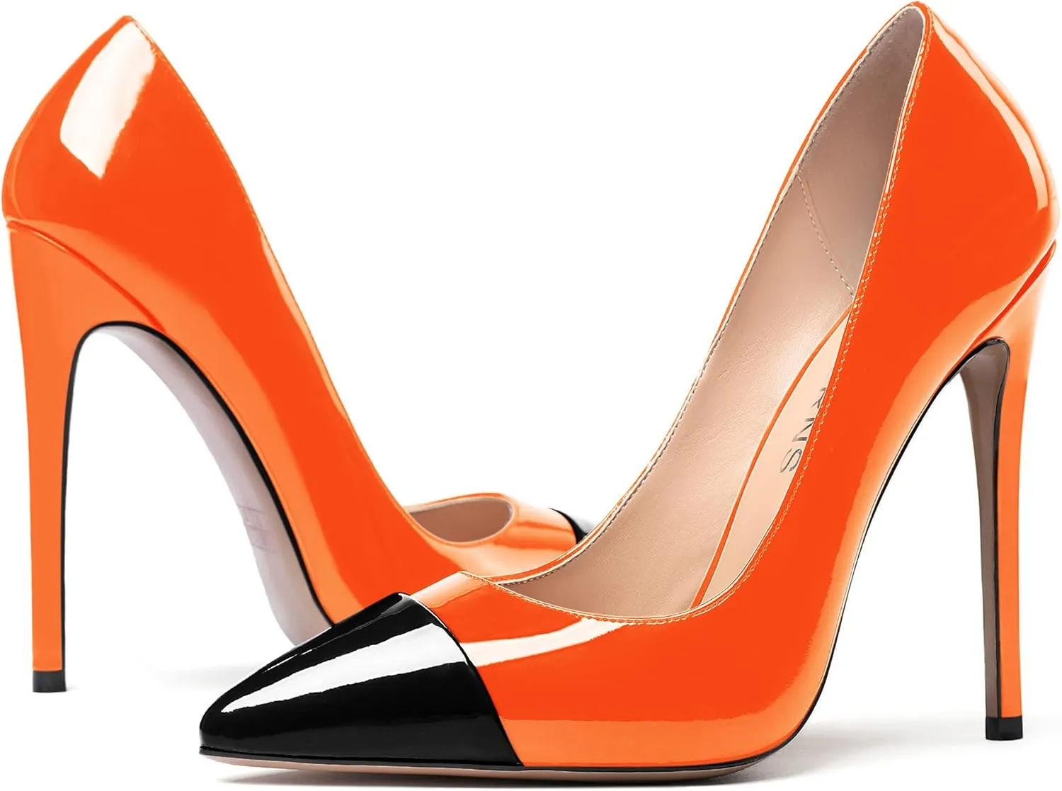 WAYDERNS Women's Patchwork Pointed Toe Solid Patent Slip On Stiletto High Heel Pumps Shoes 4.7 Inch