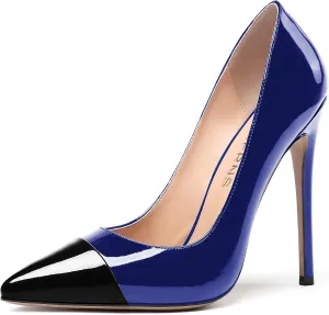 WAYDERNS Women's Patchwork Pointed Toe Solid Patent Slip On Stiletto High Heel Pumps Shoes 4.7 Inch