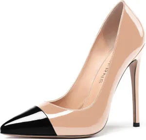 WAYDERNS Women's Patchwork Pointed Toe Solid Patent Slip On Stiletto High Heel Pumps Shoes 4.7 Inch