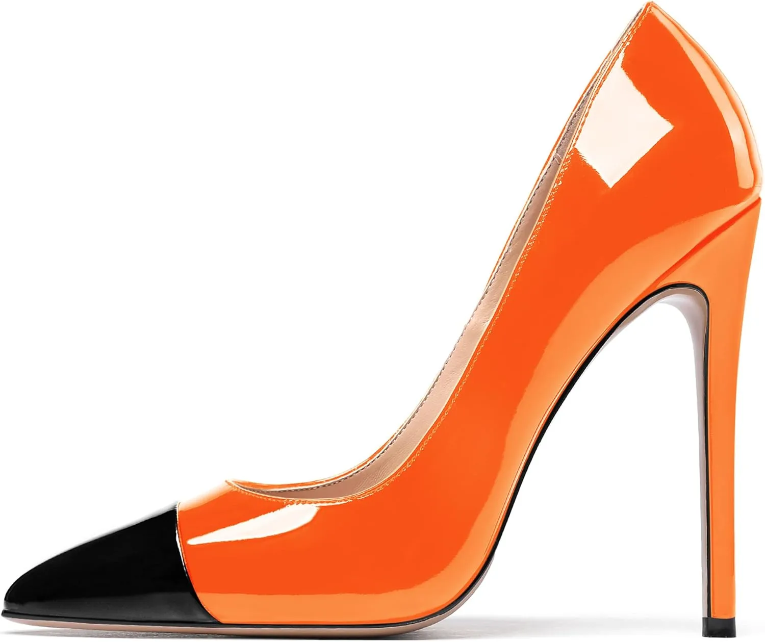 WAYDERNS Women's Patchwork Pointed Toe Solid Patent Slip On Stiletto High Heel Pumps Shoes 4.7 Inch