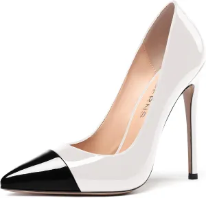 WAYDERNS Women's Patchwork Pointed Toe Solid Patent Slip On Stiletto High Heel Pumps Shoes 4.7 Inch