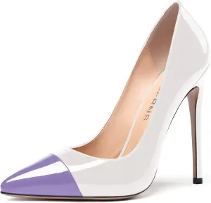 WAYDERNS Women's Patchwork Pointed Toe Solid Patent Slip On Stiletto High Heel Pumps Shoes 4.7 Inch