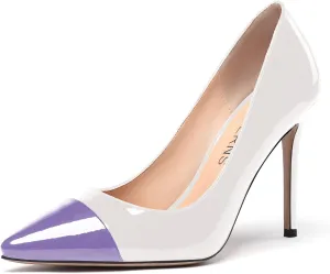 WAYDERNS Women's Pointed Toe Slip On Patent Leather Patchwork Stiletto High Heel Pumps Wedding Dress Shoes 4 Inch