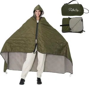 Wearable Warm Camping Blanket Waterproof Windproof Quilted Fleece Stadium Outdoor Blanket with Portable Bag for Cold Weather Picnic Sports Pet Beach Travel Car 79x55 inches Olive Green with Hat