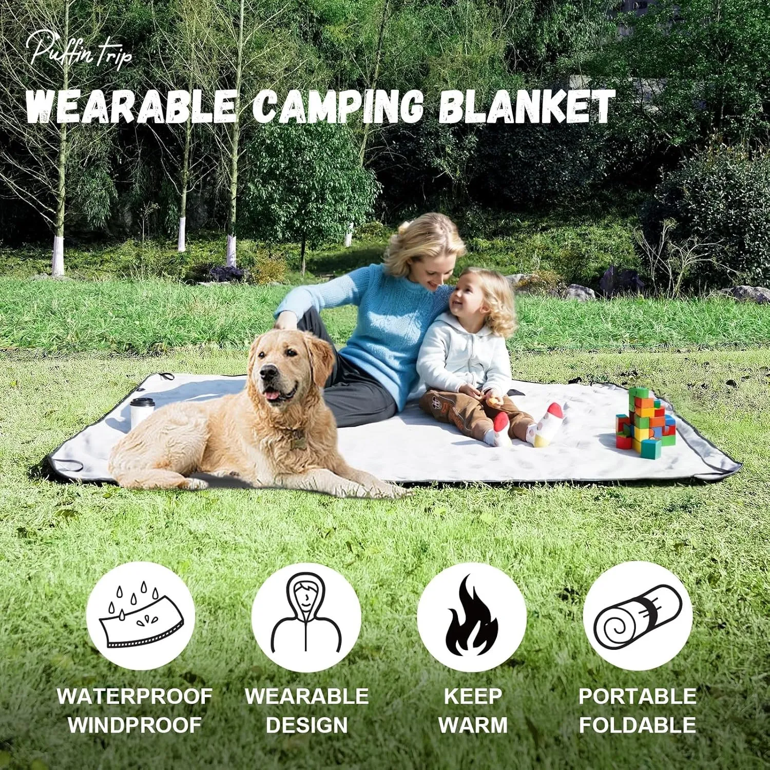Wearable Warm Camping Blanket Waterproof Windproof Quilted Fleece Stadium Outdoor Blanket with Portable Bag for Cold Weather Picnic Sports Pet Beach Travel Car 79x55 inches Olive Green with Hat