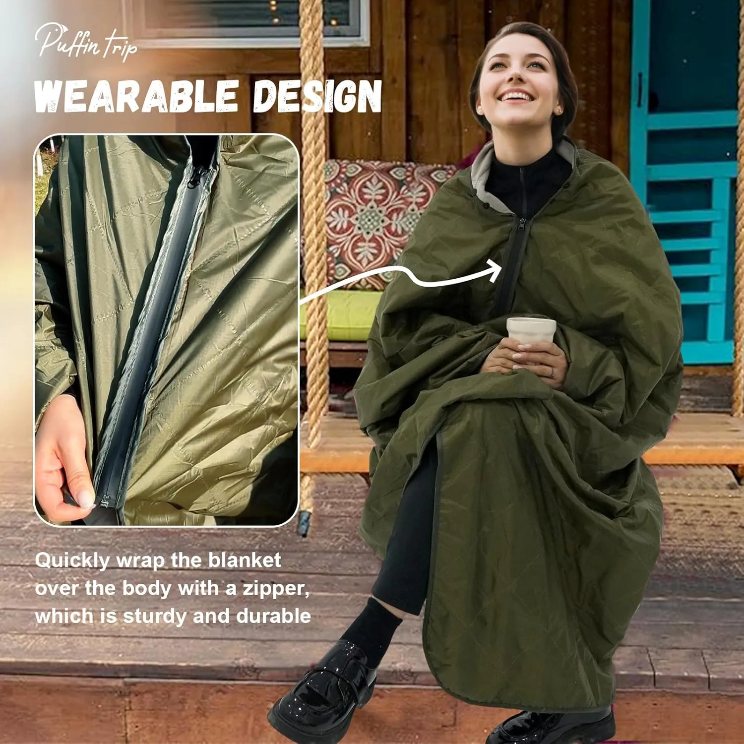 Wearable Warm Camping Blanket Waterproof Windproof Quilted Fleece Stadium Outdoor Blanket with Portable Bag for Cold Weather Picnic Sports Pet Beach Travel Car 79x55 inches Olive Green with Hat