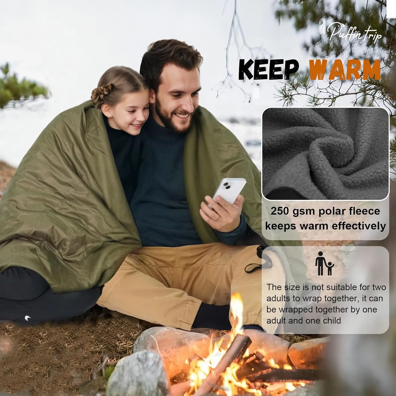 Wearable Warm Camping Blanket Waterproof Windproof Quilted Fleece Stadium Outdoor Blanket with Portable Bag for Cold Weather Picnic Sports Pet Beach Travel Car 79x55 inches Olive Green with Hat
