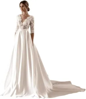 Wedding Dresses for Bride with Sleeve Satin Skirt Lace A Line Bridal Ball Gown for Women