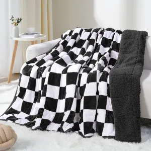 Weighted Blanket for Adults, 15lbs Sherpa Flannel Weighted Blanket Full Size, Soft Fluffy Fleece Checkerboard Weighted Blankets for Calming and Relax, Plaid Black, 48" x 72"