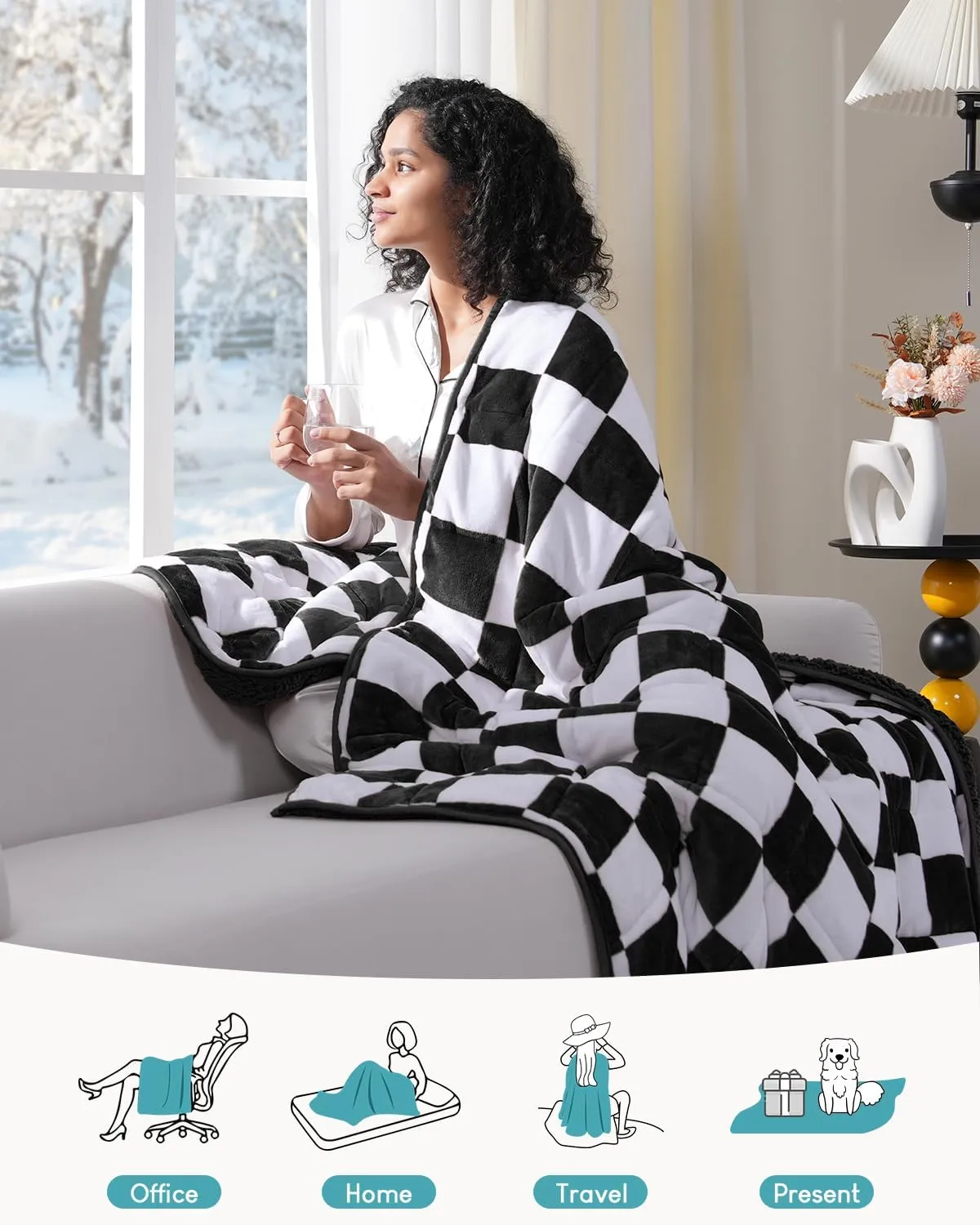 Weighted Blanket for Adults, 15lbs Sherpa Flannel Weighted Blanket Full Size, Soft Fluffy Fleece Checkerboard Weighted Blankets for Calming and Relax, Plaid Black, 48" x 72"